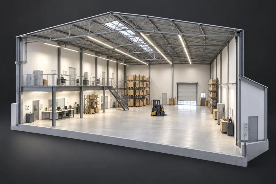Illustratives 3D-Schnittmodell einer Halle mit Büroeinbau, Regalen und angeordneten Leuchten