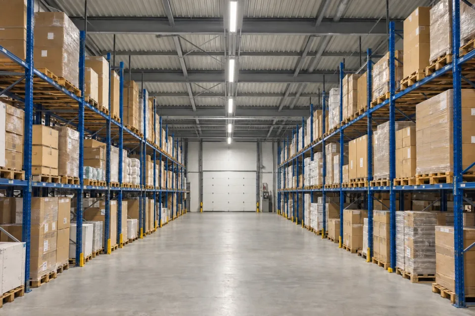 The same illustrative warehouse with modern linear LED units and more even lighting