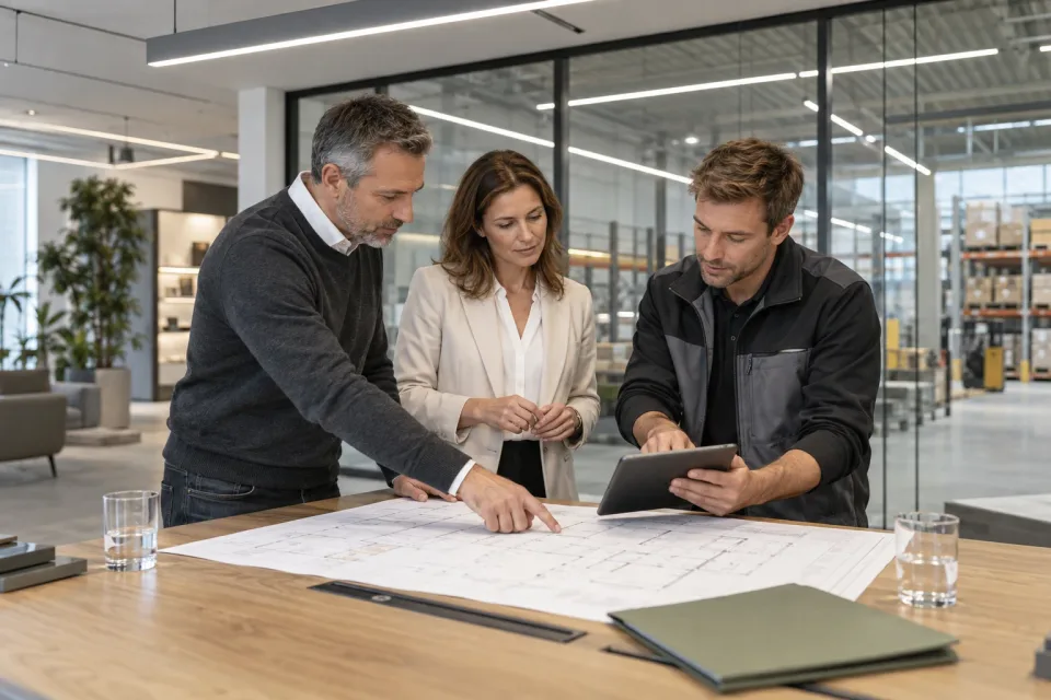 A client, lighting designer and installation partner reviewing lighting plans and handover documentation