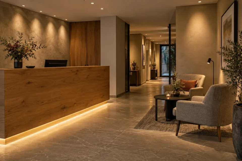 Hotel reception with warm accent lighting and indirect illumination