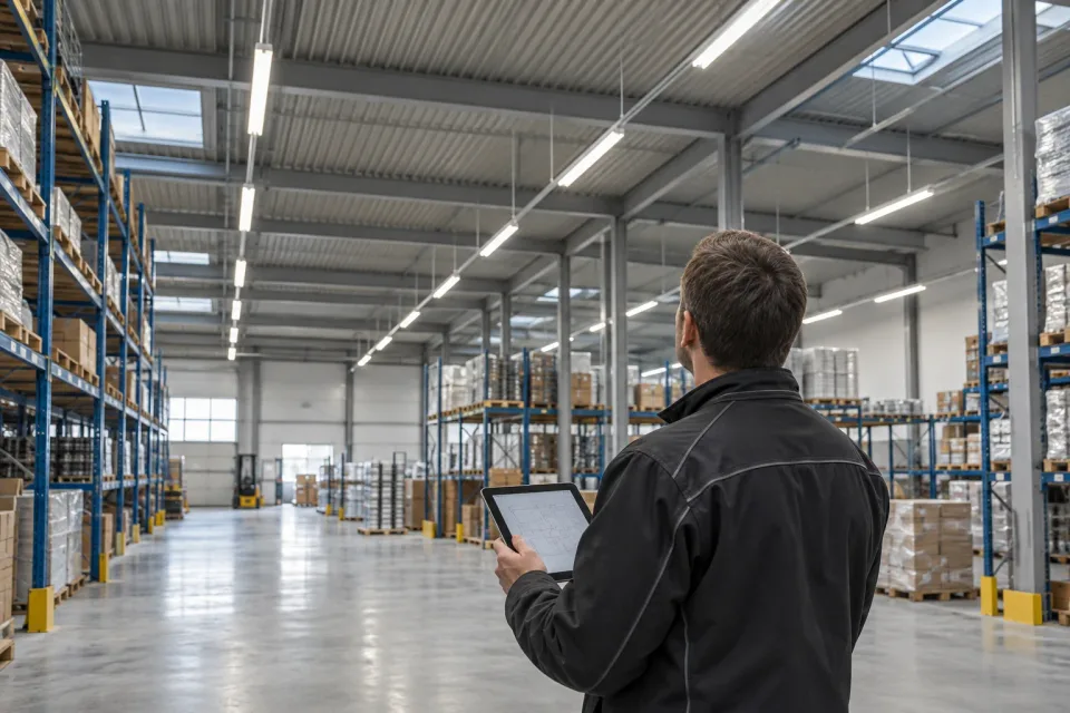 Lighting planner surveying a warehouse installation with a tablet