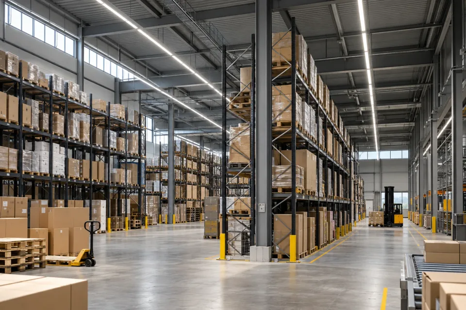 Logistics hall with continuous linear LED trunking between tall storage racks