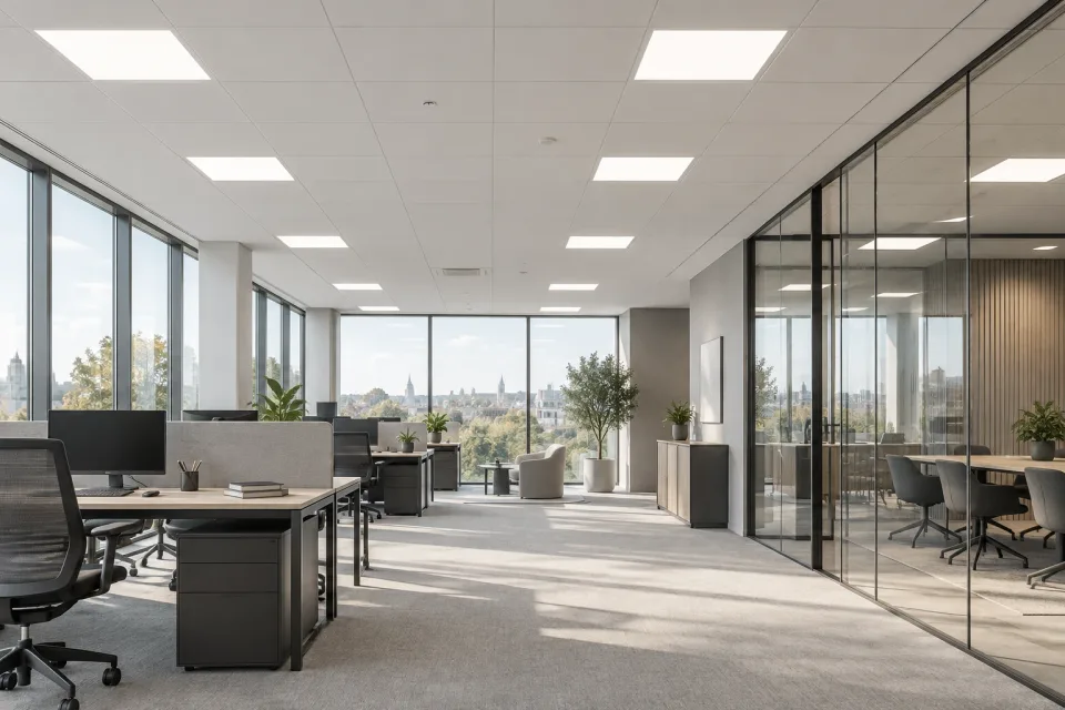 Büro mit LED-Deckenpanels, Tageslicht und getrennten Arbeitsbereichen
