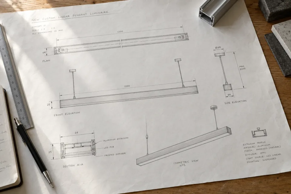 Photographed planning sheet with technical drawings of a custom pendant luminaire