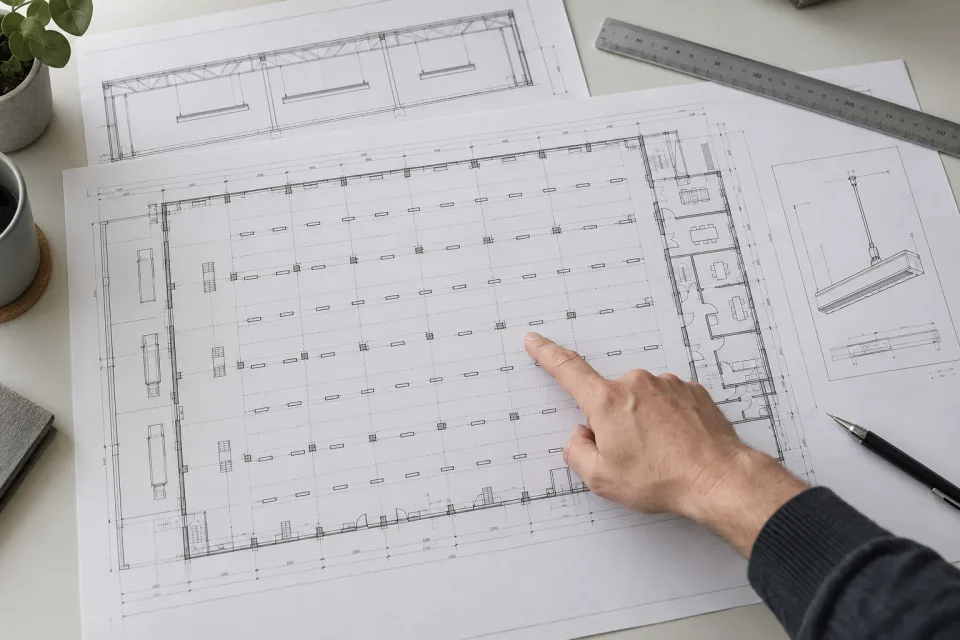 Technische Zeichnungen einer Hallenbeleuchtung mit Leuchtenraster, Schnitt und Montageansicht auf einem Planungstisch