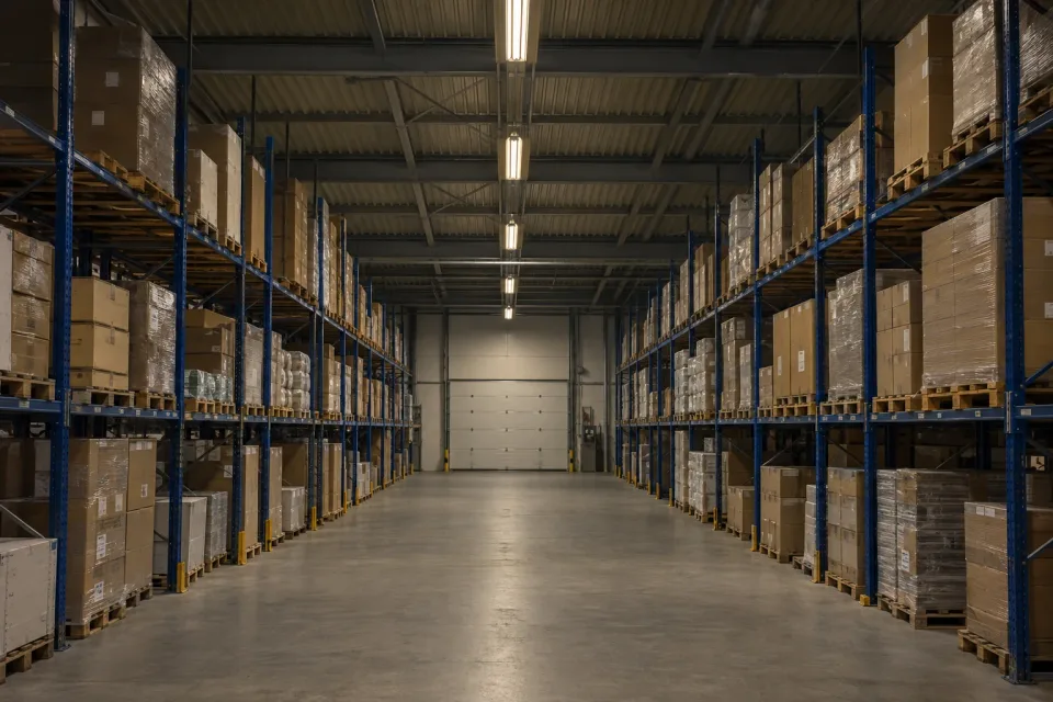 Illustrative warehouse with older fluorescent luminaires and uneven lighting