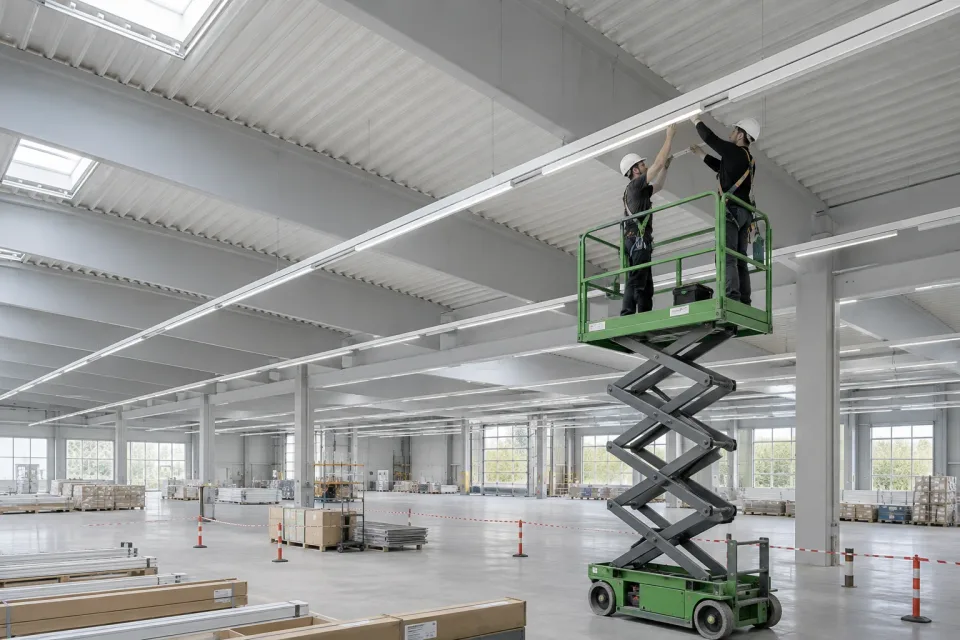 Two professionals installing an LED continuous-row system from a work platform in a commercial hall