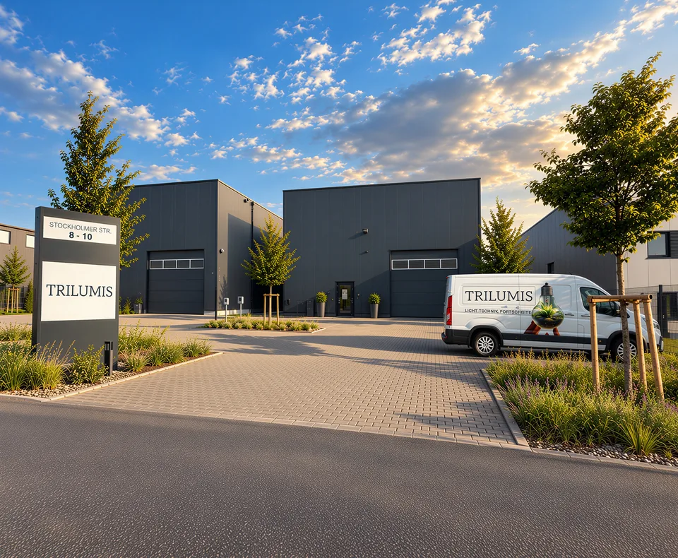 TRILUMIS-Firmengebäude mit Vorplatz und Firmenfahrzeug in Münster