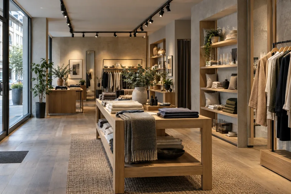 Retail interior with track spotlights illuminating merchandise and displays