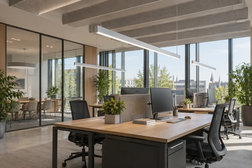 Modern office with suspended LED luminaires above the workstations