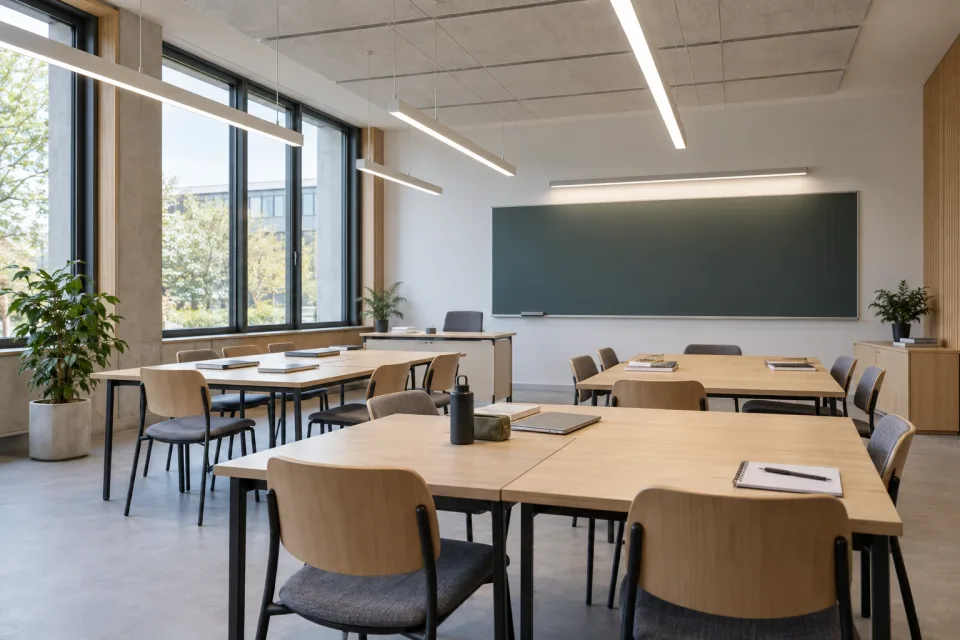 Learning space with low-glare suspended luminaires and separate board lighting