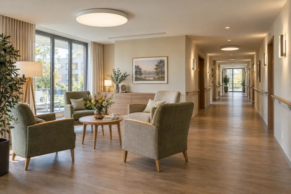 Care facility lounge with even illumination and clearly visible routes
