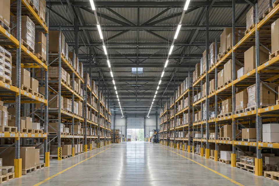 Warehouse with continuous LED trunking lights above the rack aisles