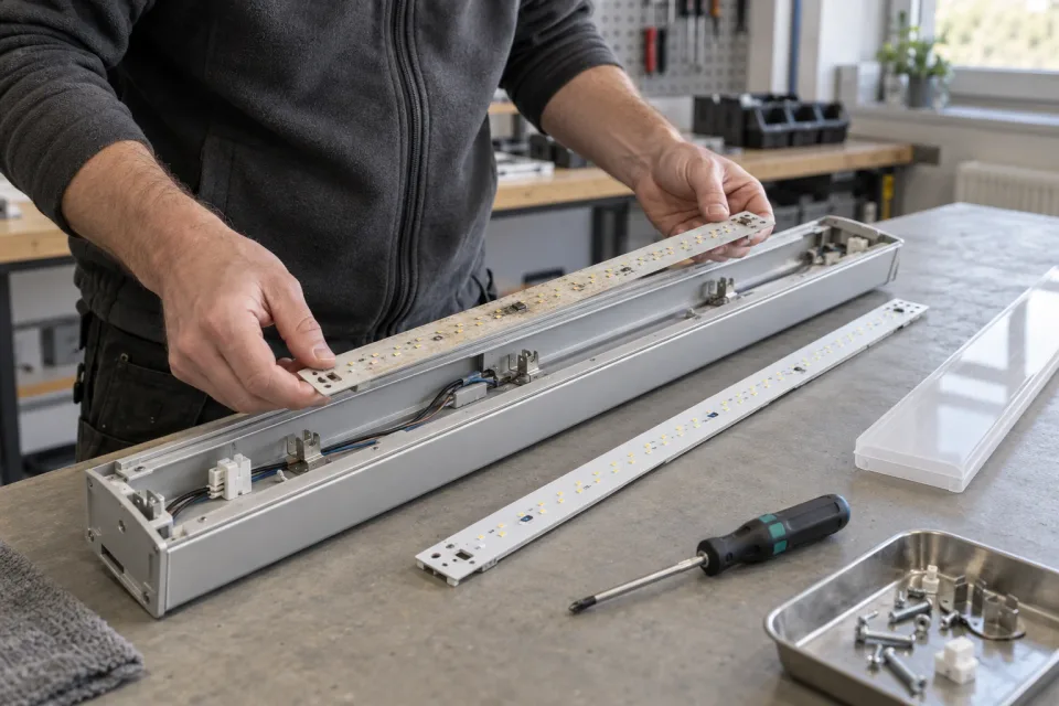 A technician replacing an old linear LED unit with a new one